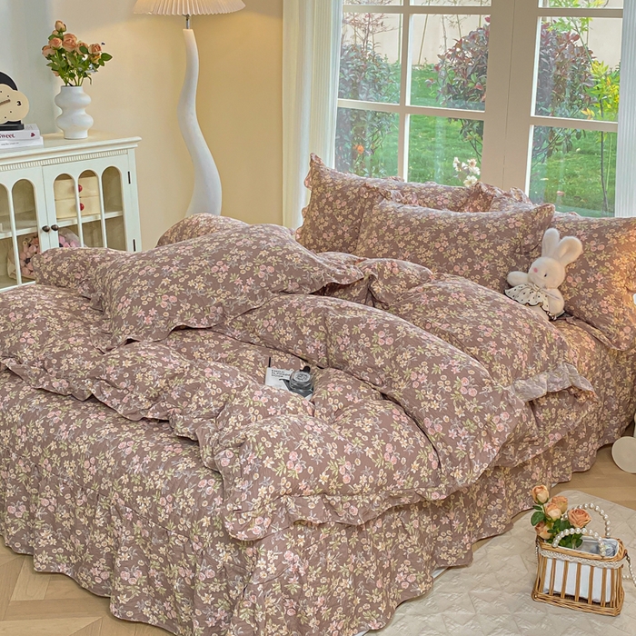 91家纺网 家纺一手货源 找家纺 昊川家纺 2026新款奶芙双层纱皱皱纱小清新多功能韩版花边床盖四件套 桔园晚香