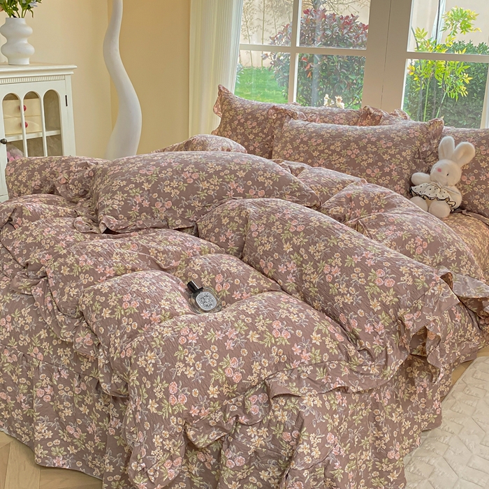 91家纺网 家纺一手货源 找家纺 昊川家纺 2026新款奶芙双层纱皱皱纱小清新多功能韩版花边床盖四件套 桔园晚香