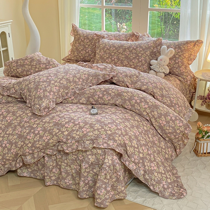 91家纺网 家纺一手货源 找家纺 昊川家纺 2026新款奶芙双层纱皱皱纱小清新多功能韩版花边床盖四件套 桔园晚香