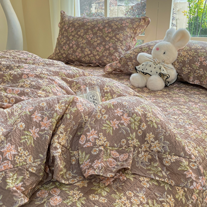 91家纺网 家纺一手货源 找家纺 昊川家纺 2026新款奶芙双层纱皱皱纱小清新多功能韩版花边床盖四件套 桔园晚香