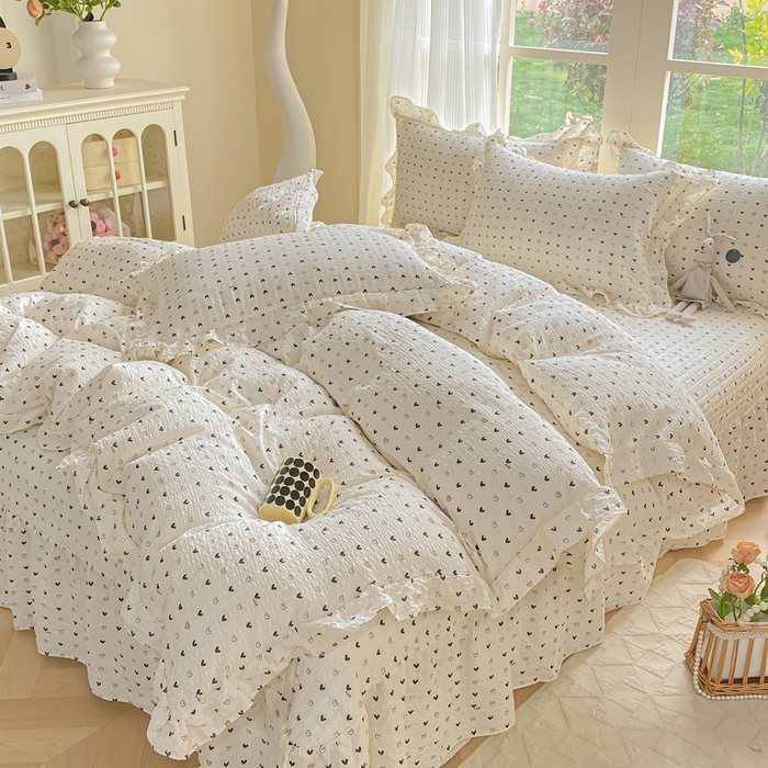 91家纺网 家纺一手货源 找家纺 昊川家纺 2026新款奶芙双层纱皱皱纱小清新多功能韩版花边床盖四件套 心动