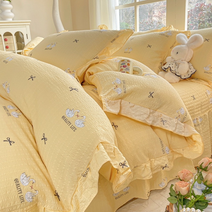 昊川家纺 2026新款奶芙双层纱皱皱纱小清新多功能韩版花边床盖四件套 小天鹅-浅黄