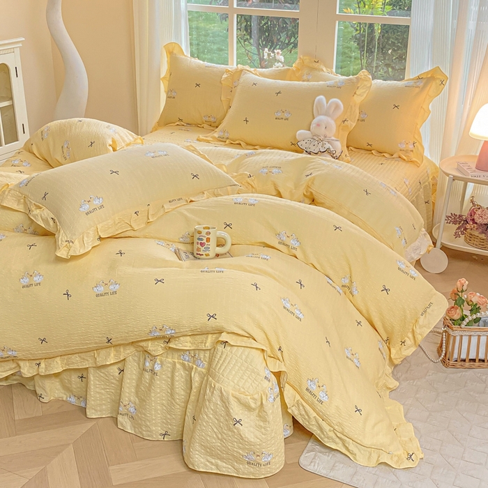 91家纺网 家纺一手货源 找家纺 昊川家纺 2026新款奶芙双层纱皱皱纱小清新多功能韩版花边床盖四件套 小天鹅-浅黄