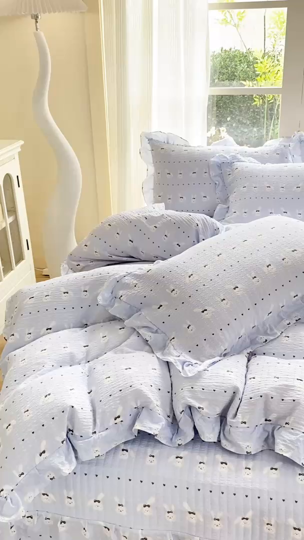 91家纺网 家纺一手货源 找家纺 昊川家纺 2026新款奶芙双层纱皱皱纱小清新多功能韩版花边床盖四件套 温柔兔-蓝