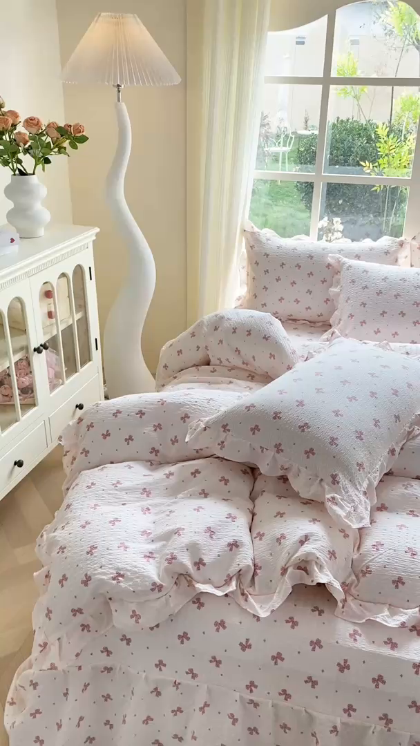 91家纺网 家纺一手货源 找家纺 昊川家纺 2026新款奶芙双层纱皱皱纱小清新多功能韩版花边床盖四件套 蝴蝶结-樱花粉