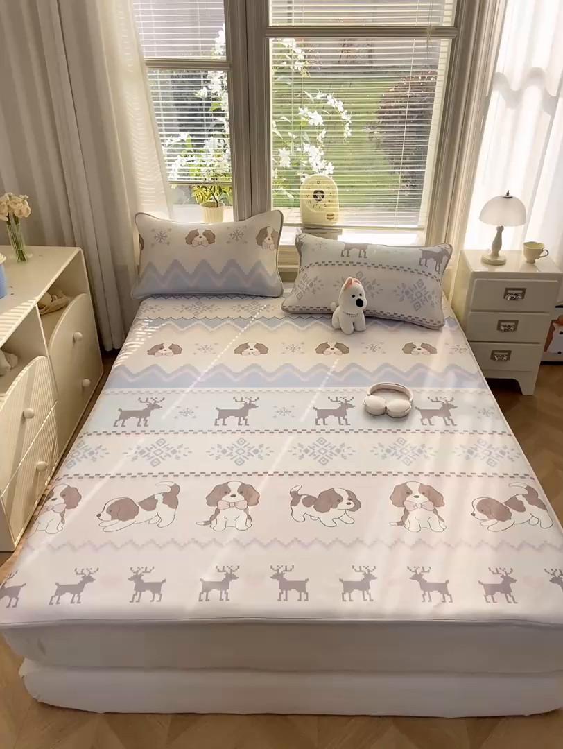 91家纺网 家纺一手货源 找家纺 麋兔 2026新款凉感小冰皮软席席子凉席 鹿犬小森林