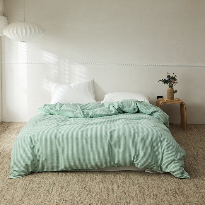 棉眠 2026新款调色盘全棉纯棉水洗棉混搭单品系列-条纹单被套 绿条
