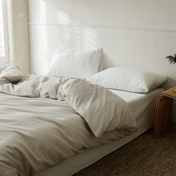 91家纺网 家纺一手货源 找家纺 棉眠 2026新款调色盘全棉纯棉水洗棉混搭单品系列-条纹单被套 米白条