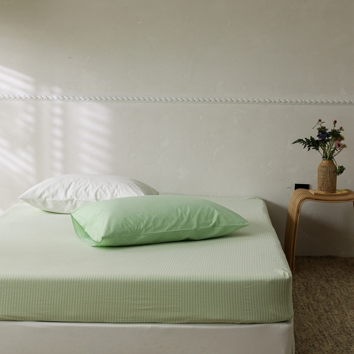 91家纺网 家纺一手货源 找家纺 棉眠 2026新款调色盘全棉纯棉水洗棉混搭单品系列-条纹单床笠 蜜瓜条