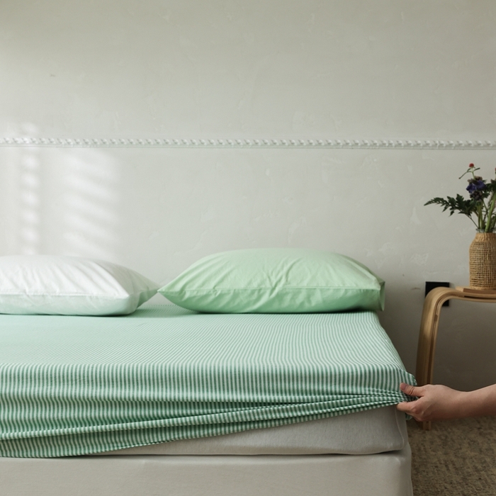 棉眠 2026新款调色盘全棉纯棉水洗棉混搭单品系列-条纹单床笠 绿条
