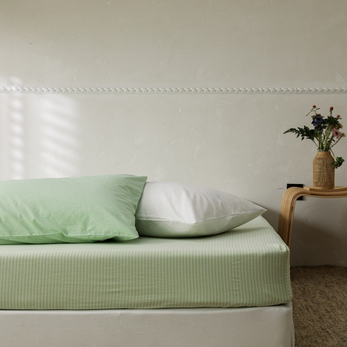 91家纺网 家纺一手货源 找家纺 棉眠 2026新款调色盘全棉纯棉水洗棉混搭单品系列-条纹单床笠 蜜瓜条