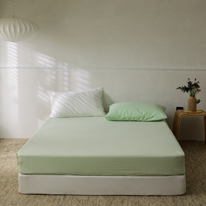 91家纺网 家纺一手货源 找家纺 棉眠 2026新款调色盘全棉纯棉水洗棉混搭单品系列-条纹单床笠 蜜瓜条