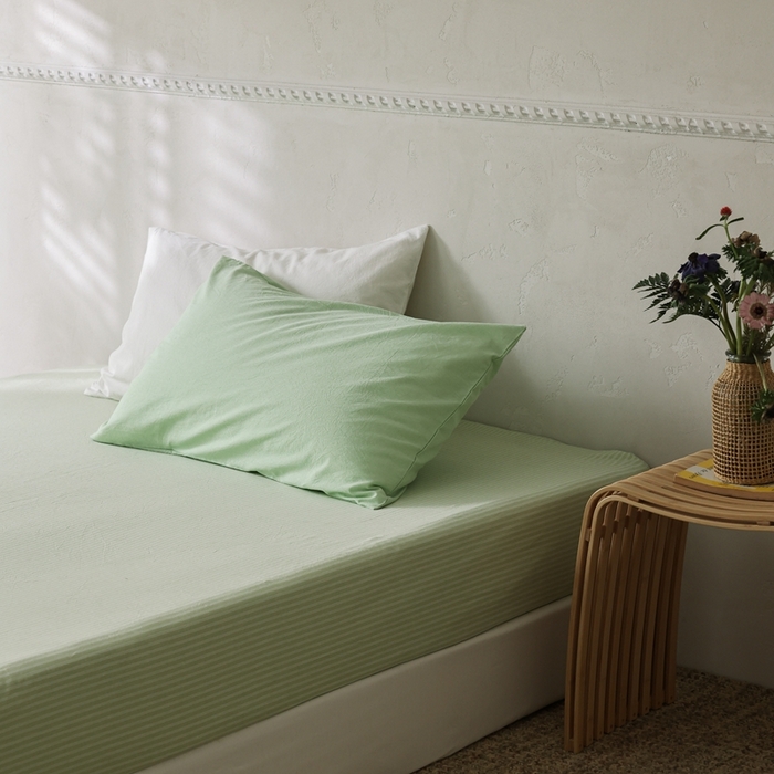 91家纺网 家纺一手货源 找家纺 棉眠 2026新款调色盘全棉纯棉水洗棉混搭单品系列-条纹单床笠 蜜瓜条