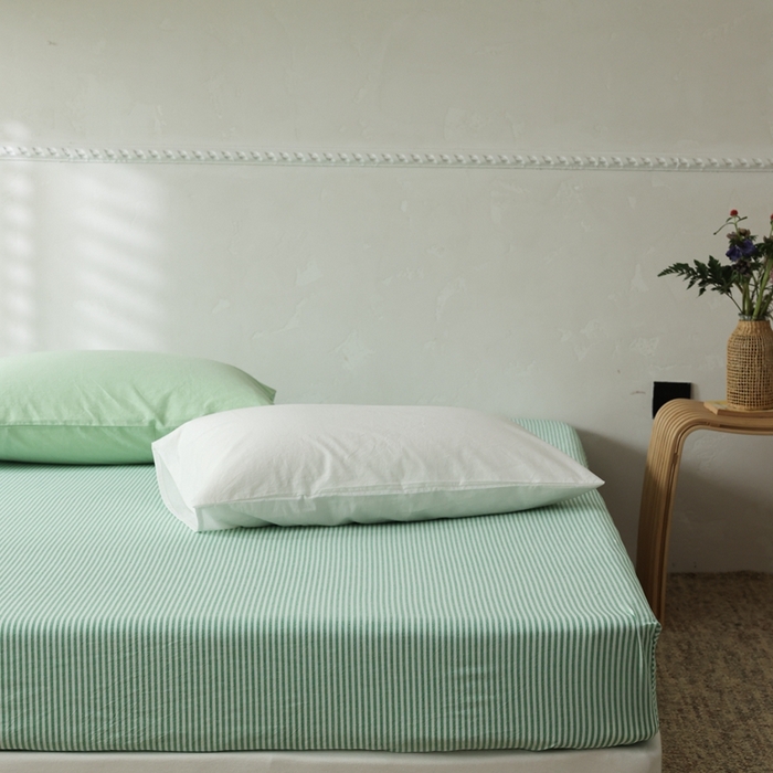 91家纺网 家纺一手货源 找家纺 棉眠 2026新款调色盘全棉纯棉水洗棉混搭单品系列-条纹单床笠 绿条