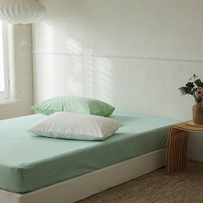 91家纺网 家纺一手货源 找家纺 棉眠 2026新款调色盘全棉纯棉水洗棉混搭单品系列-条纹单床笠 绿条