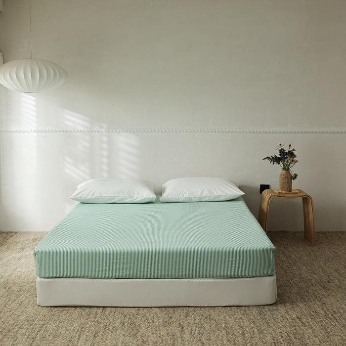 91家纺网 家纺一手货源 找家纺 棉眠 2026新款调色盘全棉纯棉水洗棉混搭单品系列-条纹单床笠 绿条