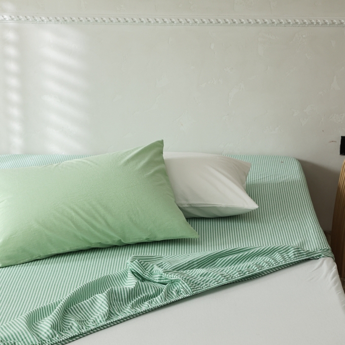 91家纺网 家纺一手货源 找家纺 棉眠 2026新款调色盘全棉纯棉水洗棉混搭单品系列-条纹单床笠 绿条