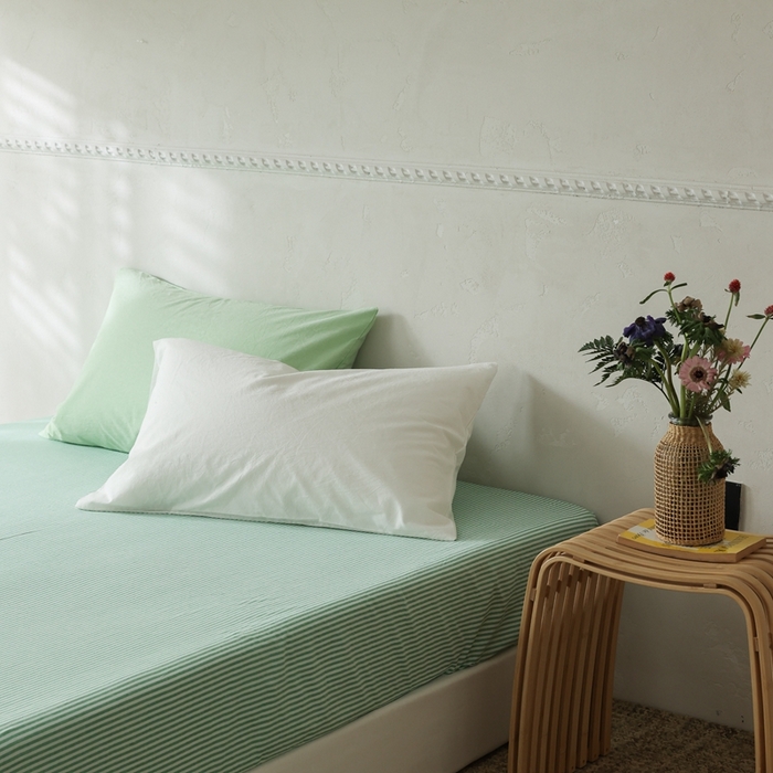 91家纺网 家纺一手货源 找家纺 棉眠 2026新款调色盘全棉纯棉水洗棉混搭单品系列-条纹单床笠 绿条