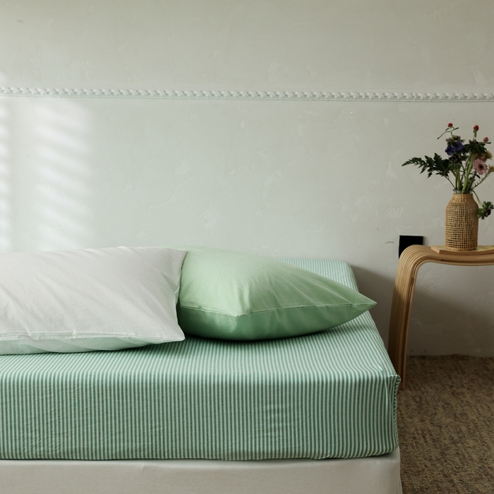 91家纺网 家纺一手货源 找家纺 棉眠 2026新款调色盘全棉纯棉水洗棉混搭单品系列-条纹单床笠 绿条