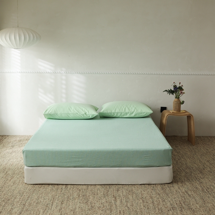 91家纺网 家纺一手货源 找家纺 棉眠 2026新款调色盘全棉纯棉水洗棉混搭单品系列-条纹单床笠 绿条