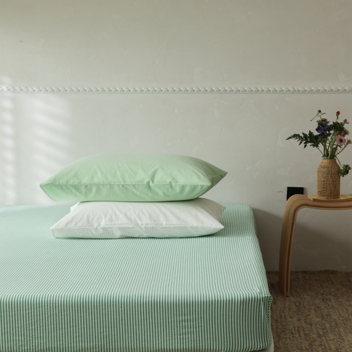 91家纺网 家纺一手货源 找家纺 棉眠 2026新款调色盘全棉纯棉水洗棉混搭单品系列-条纹单床笠 绿条