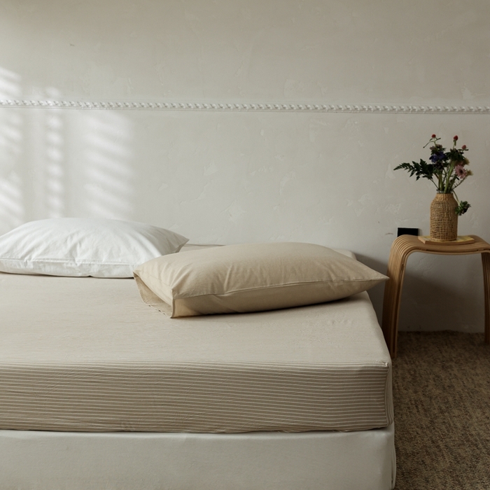 91家纺网 家纺一手货源 找家纺 棉眠 2026新款调色盘全棉纯棉水洗棉混搭单品系列-条纹单床笠 卡其条