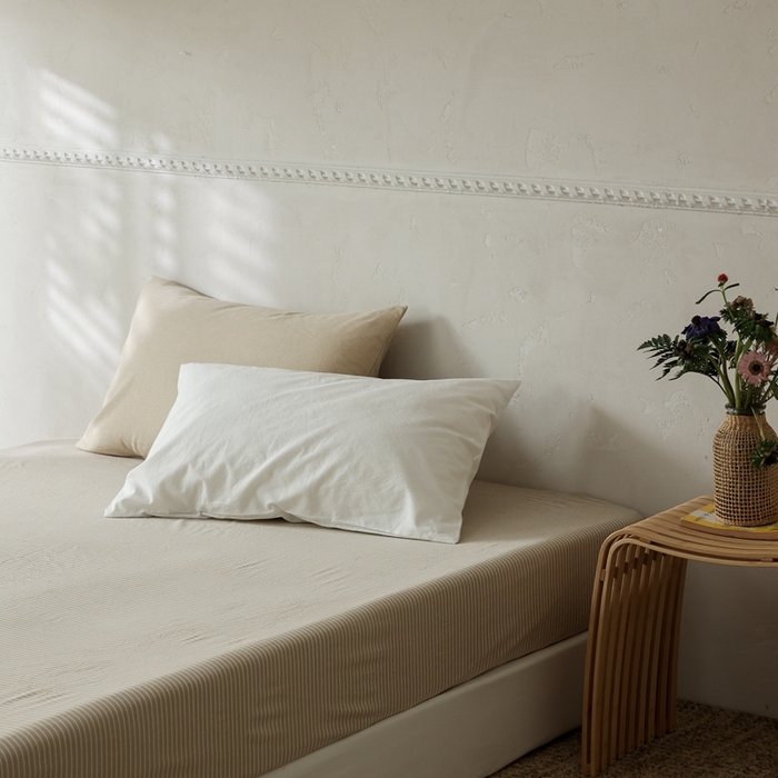 91家纺网 家纺一手货源 找家纺 棉眠 2026新款调色盘全棉纯棉水洗棉混搭单品系列-条纹单床笠 卡其条