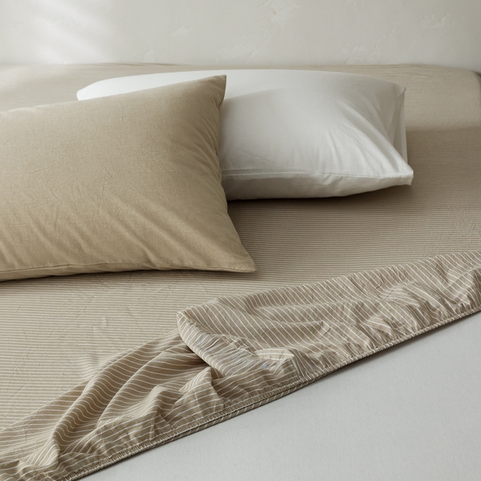 91家纺网 家纺一手货源 找家纺 棉眠 2026新款调色盘全棉纯棉水洗棉混搭单品系列-条纹单床笠 卡其条