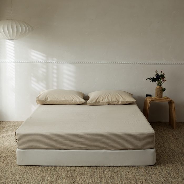 91家纺网 家纺一手货源 找家纺 棉眠 2026新款调色盘全棉纯棉水洗棉混搭单品系列-条纹单床笠 卡其条