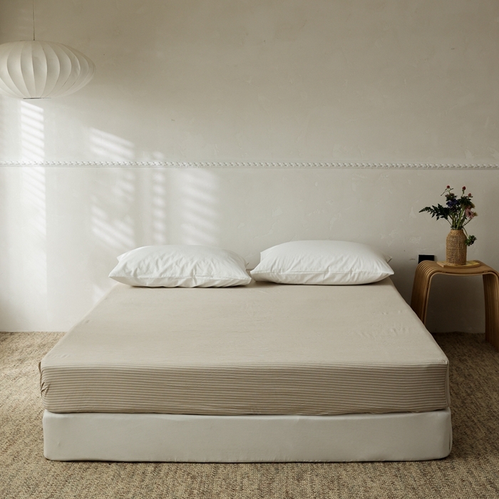 91家纺网 家纺一手货源 找家纺 棉眠 2026新款调色盘全棉纯棉水洗棉混搭单品系列-条纹单床笠 卡其条