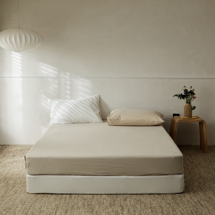 91家纺网 家纺一手货源 找家纺 棉眠 2026新款调色盘全棉纯棉水洗棉混搭单品系列-条纹单床笠 卡其条