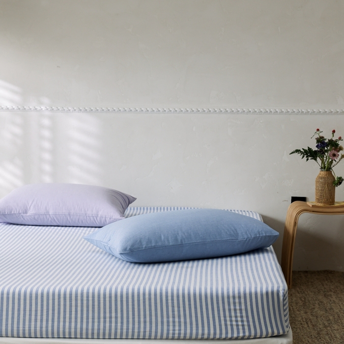 91家纺网 家纺一手货源 找家纺 棉眠 2026新款调色盘全棉纯棉水洗棉混搭单品系列-条纹单床笠 蓝条