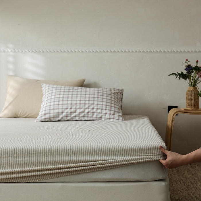 棉眠 2026新款调色盘全棉纯棉水洗棉混搭单品系列-条纹单床笠 米白条
