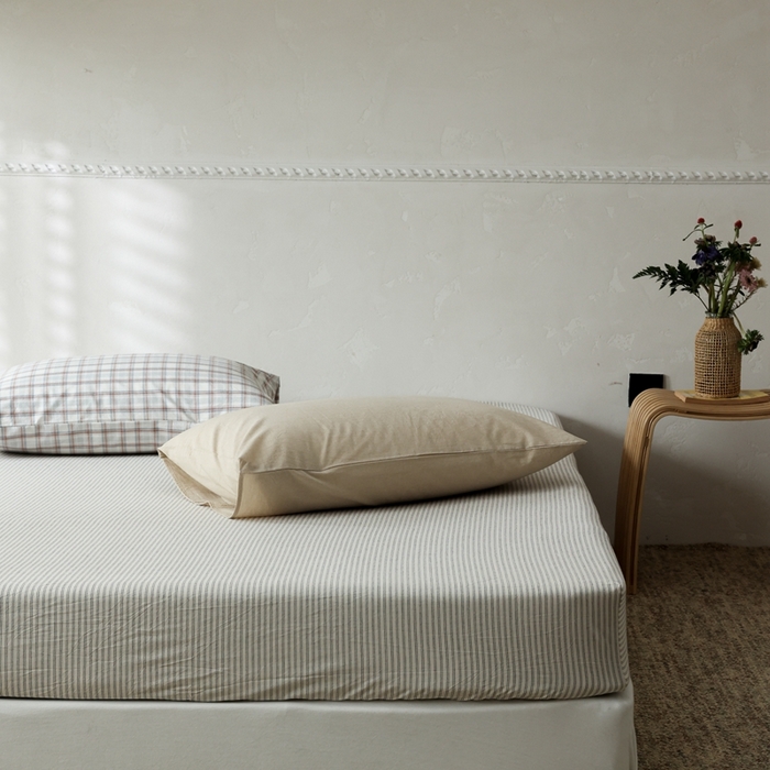 91家纺网 家纺一手货源 找家纺 棉眠 2026新款调色盘全棉纯棉水洗棉混搭单品系列-条纹单床笠 米白条