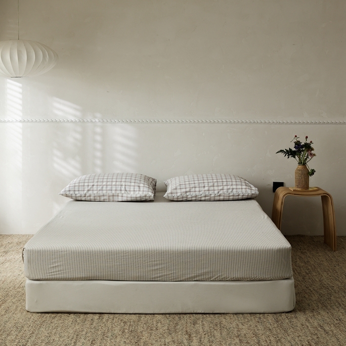 91家纺网 家纺一手货源 找家纺 棉眠 2026新款调色盘全棉纯棉水洗棉混搭单品系列-条纹单床笠 米白条