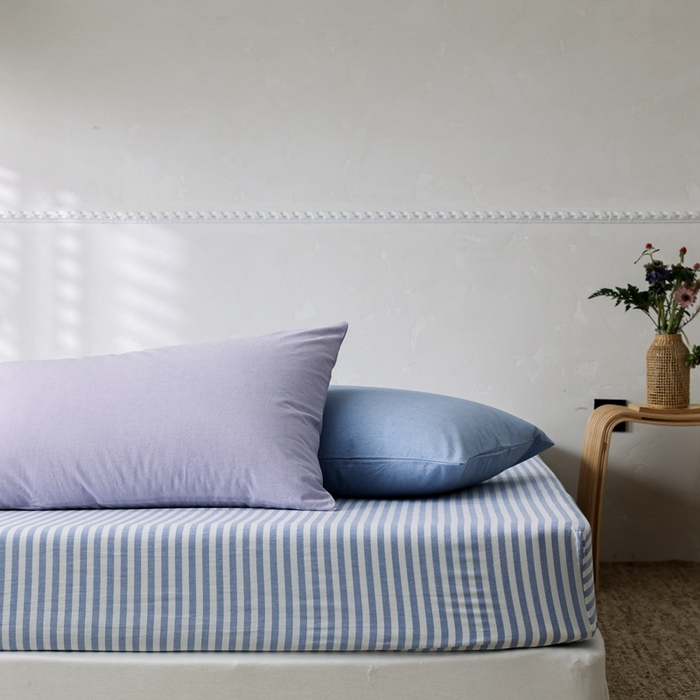 91家纺网 家纺一手货源 找家纺 棉眠 2026新款调色盘全棉纯棉水洗棉混搭单品系列-条纹单床笠 蓝条