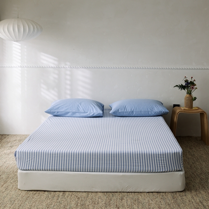 91家纺网 家纺一手货源 找家纺 棉眠 2026新款调色盘全棉纯棉水洗棉混搭单品系列-条纹单床笠 蓝条