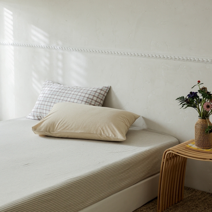 91家纺网 家纺一手货源 找家纺 棉眠 2026新款调色盘全棉纯棉水洗棉混搭单品系列-条纹单床笠 米白条