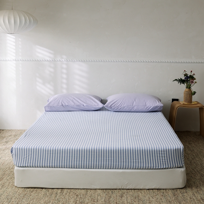 91家纺网 家纺一手货源 找家纺 棉眠 2026新款调色盘全棉纯棉水洗棉混搭单品系列-条纹单床笠 蓝条