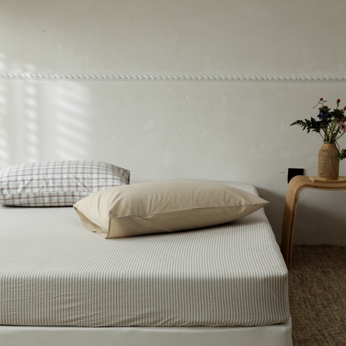 91家纺网 家纺一手货源 找家纺 棉眠 2026新款调色盘全棉纯棉水洗棉混搭单品系列-条纹单床笠 米白条