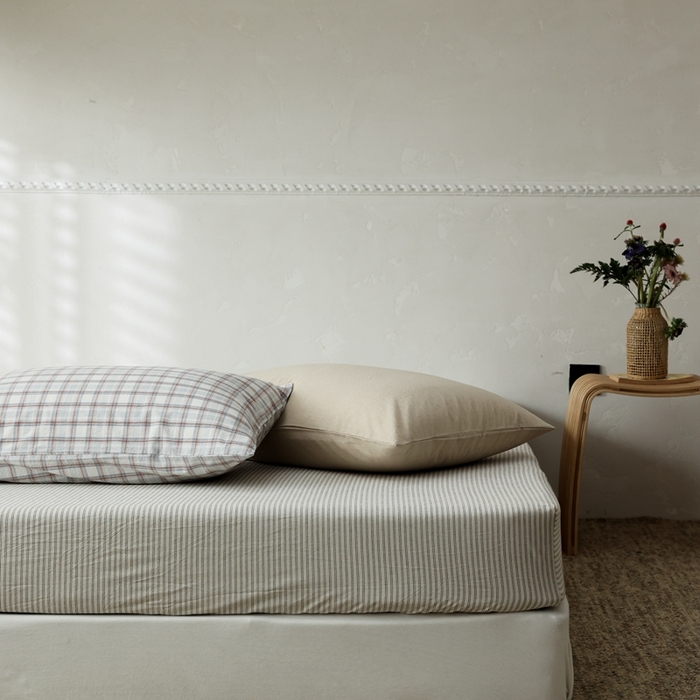 91家纺网 家纺一手货源 找家纺 棉眠 2026新款调色盘全棉纯棉水洗棉混搭单品系列-条纹单床笠 米白条