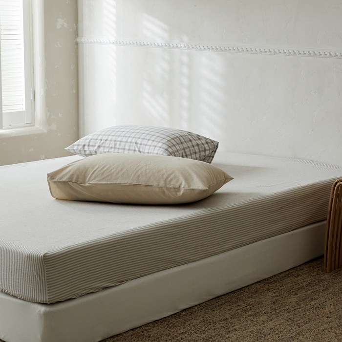 91家纺网 家纺一手货源 找家纺 棉眠 2026新款调色盘全棉纯棉水洗棉混搭单品系列-条纹单床笠 米白条