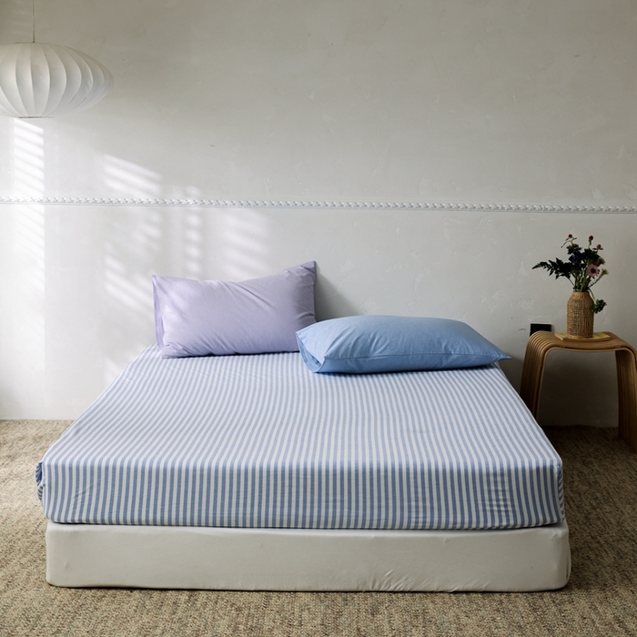 91家纺网 家纺一手货源 找家纺 棉眠 2026新款调色盘全棉纯棉水洗棉混搭单品系列-条纹单床笠 蓝条