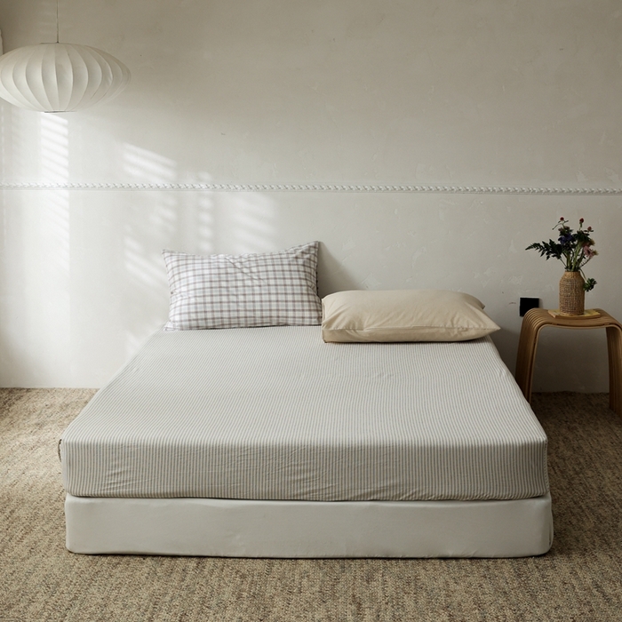 91家纺网 家纺一手货源 找家纺 棉眠 2026新款调色盘全棉纯棉水洗棉混搭单品系列-条纹单床笠 米白条