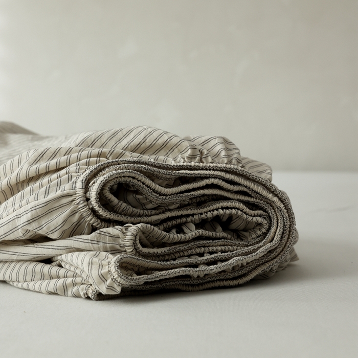 91家纺网 家纺一手货源 找家纺 棉眠 2026新款调色盘全棉纯棉水洗棉混搭单品系列-条纹单床笠 米白条