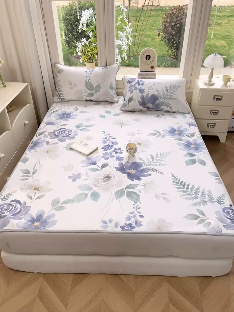 91家纺网 家纺一手货源 找家纺 麋兔 2026新款凉感小冰皮软席席子凉席 雾蓝花屿