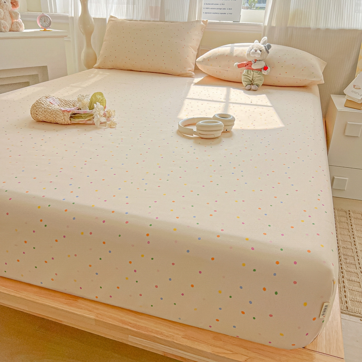 91家纺网 家纺一手货源 找家纺 韩巢家纺 2026新款老粗布床笠春夏季凉席席子热销款防滑床笠单件 波点世界【老粗布】