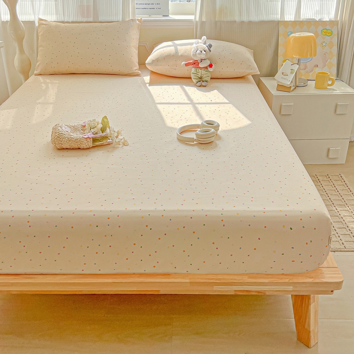 91家纺网 家纺一手货源 找家纺 韩巢家纺 2026新款老粗布床笠春夏季凉席席子热销款防滑床笠单件 波点世界【老粗布】