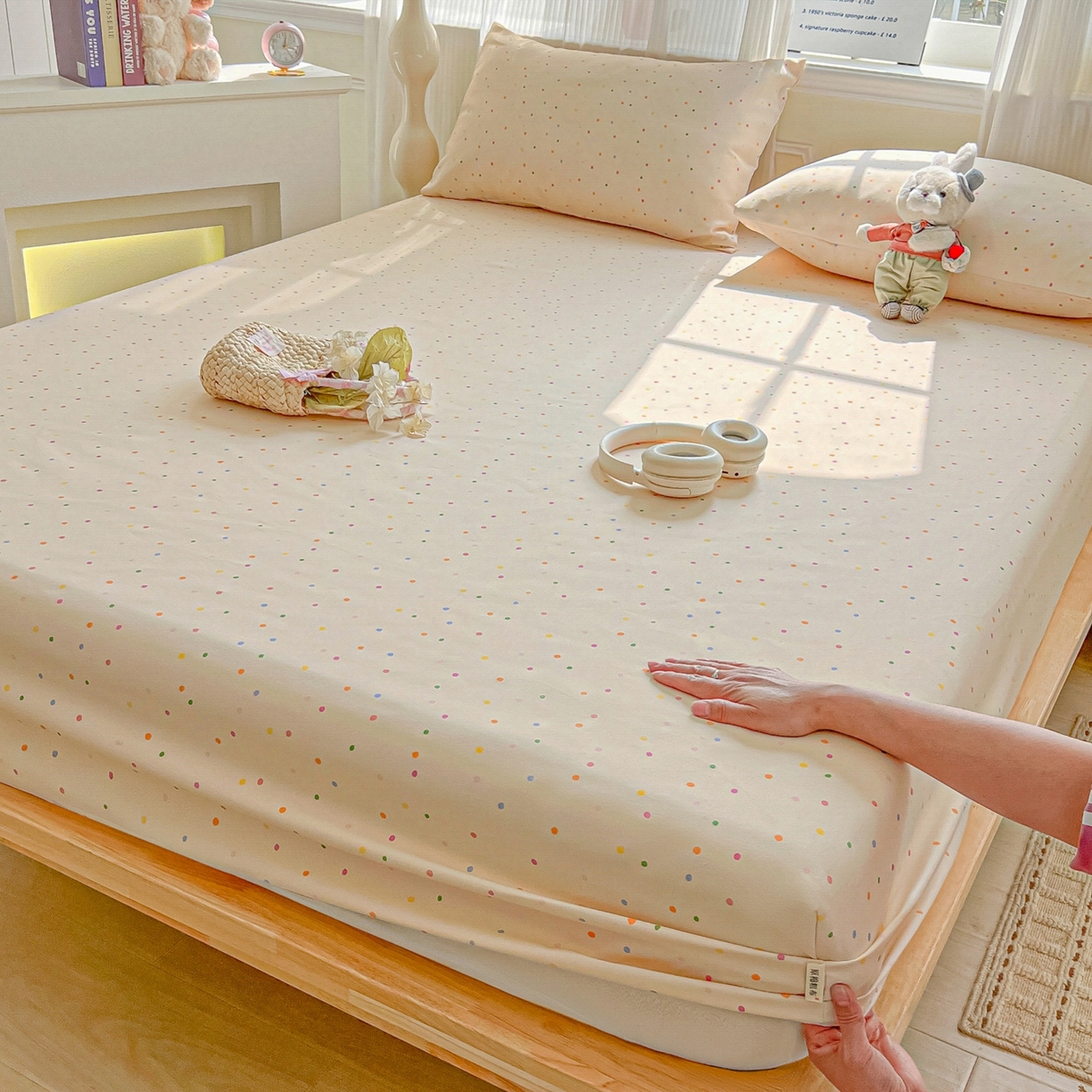 91家纺网 家纺一手货源 找家纺 韩巢家纺 2026新款老粗布床笠春夏季凉席席子热销款防滑床笠单件 波点世界【老粗布】