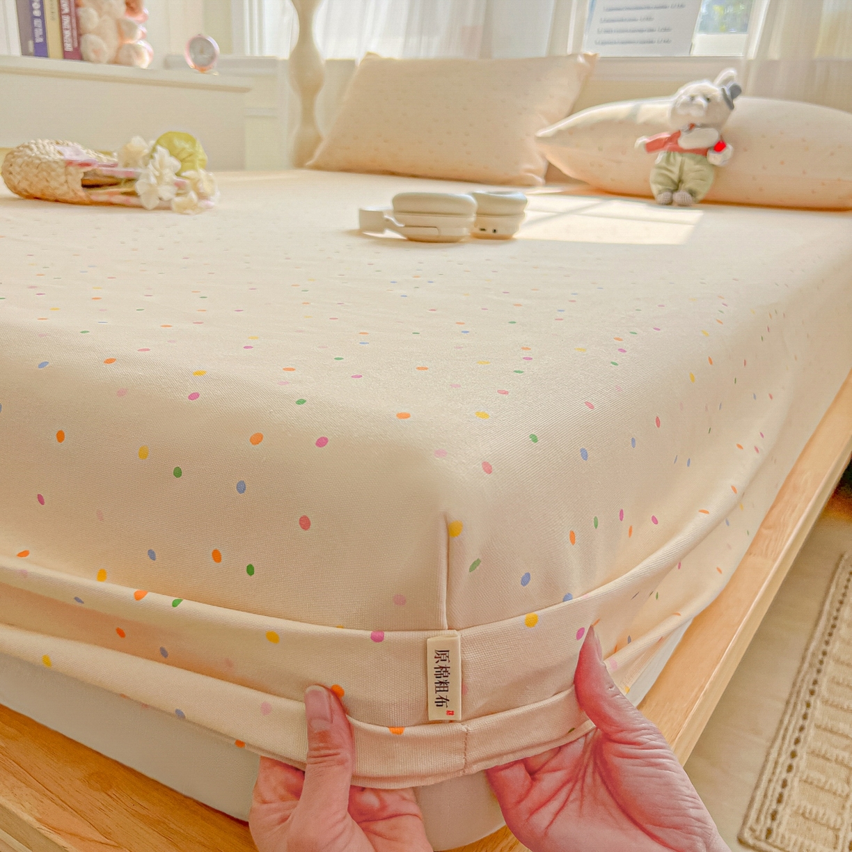 91家纺网 家纺一手货源 找家纺 韩巢家纺 2026新款老粗布床笠春夏季凉席席子热销款防滑床笠单件 波点世界【老粗布】